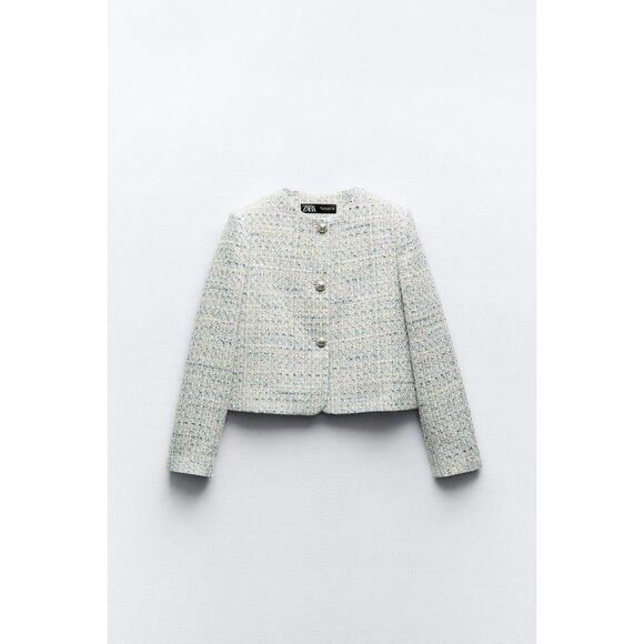 Zara Multicolor Tweed Textured Button Front Shoulder Padded Cropped Jacket, NWT - Picture 1 of 6